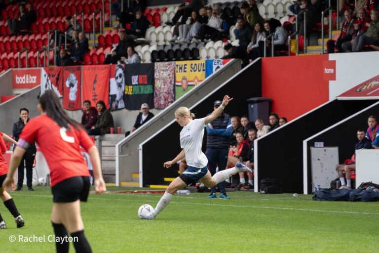 Georgia Stevens of Halifax FC Women on her way to scoring a hattrick vs DC United of Manchester