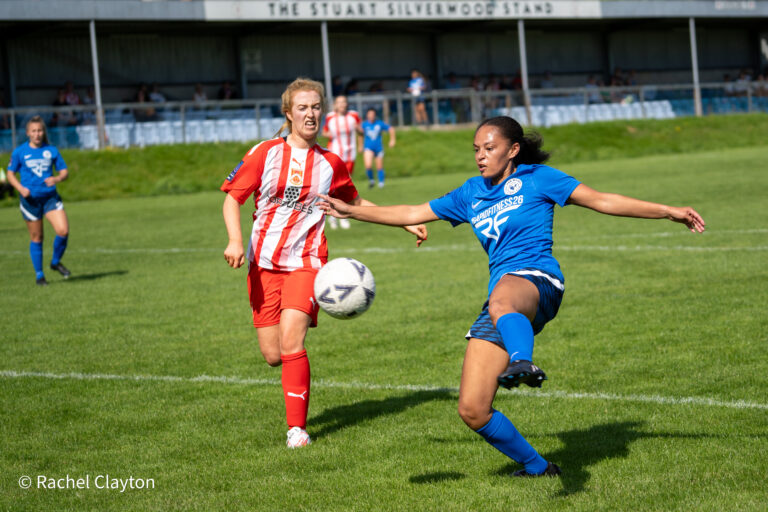 Lauryn Wilcock of Halifax FC Women volleys home against Stourbridge in the FAWNL